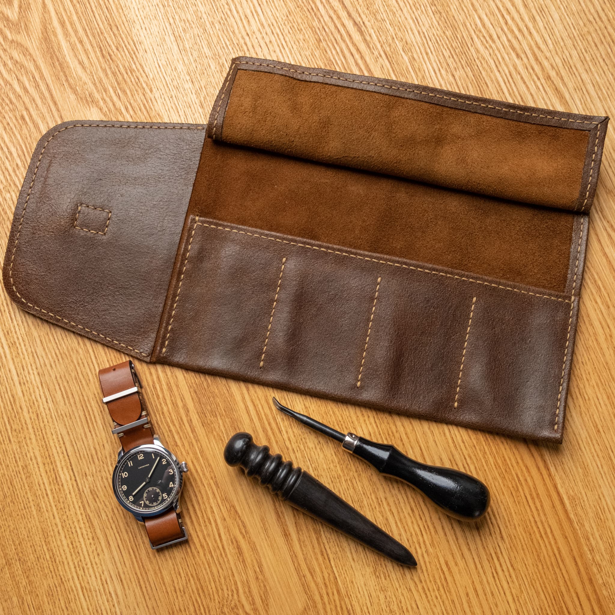 Four Watches Chestnut Leather Roll Two Stitch Straps