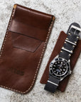Single Watch Chocolate Leather Pouch - Two Stitch Straps