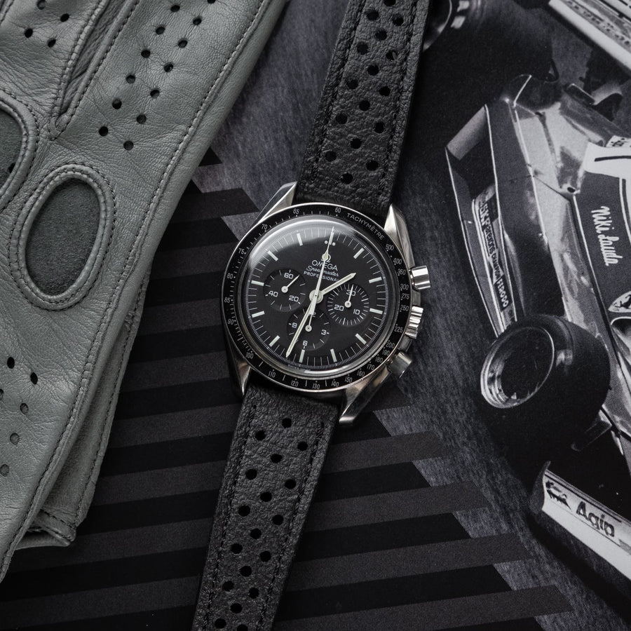 Corfam Style Racing Black Leather Watch Strap