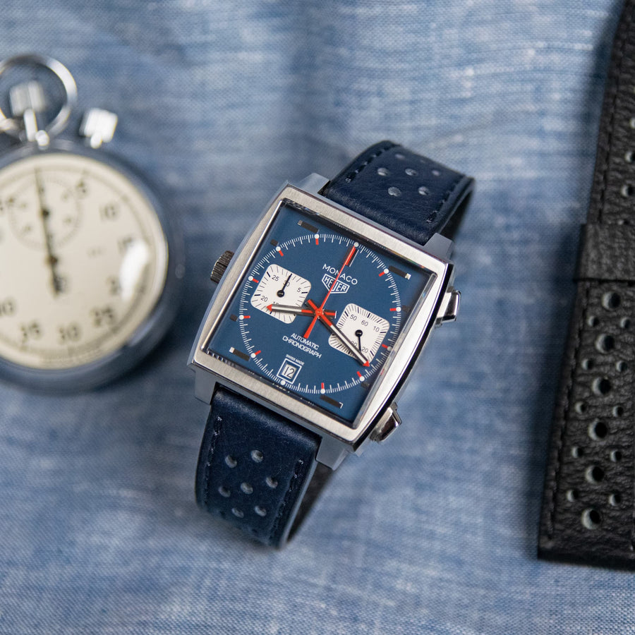Corfam Style Racing Navy Blue Leather Watch Strap - Two Stitch Straps