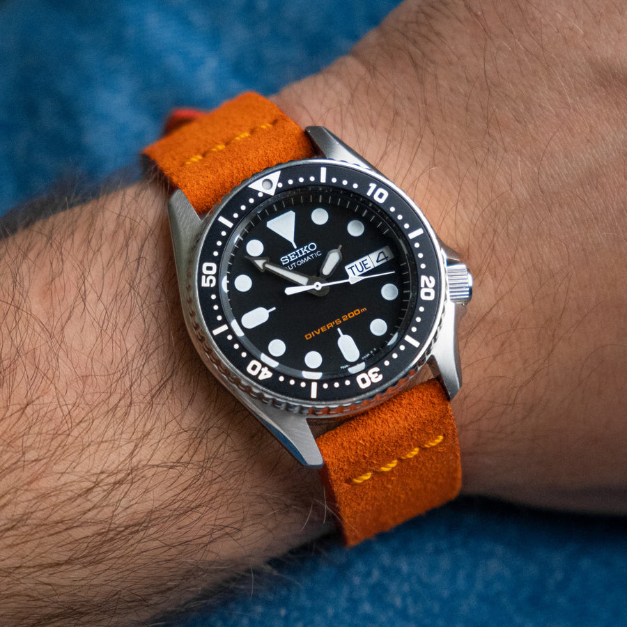 Cross-Stitch Orange Reversed Leather Watch Strap - Two Stitch Straps