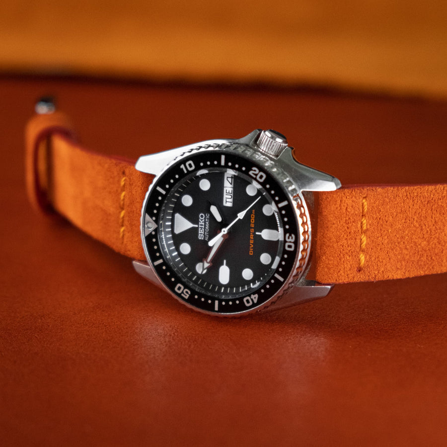 Cross-Stitch Orange Reversed Leather Watch Strap - Two Stitch Straps