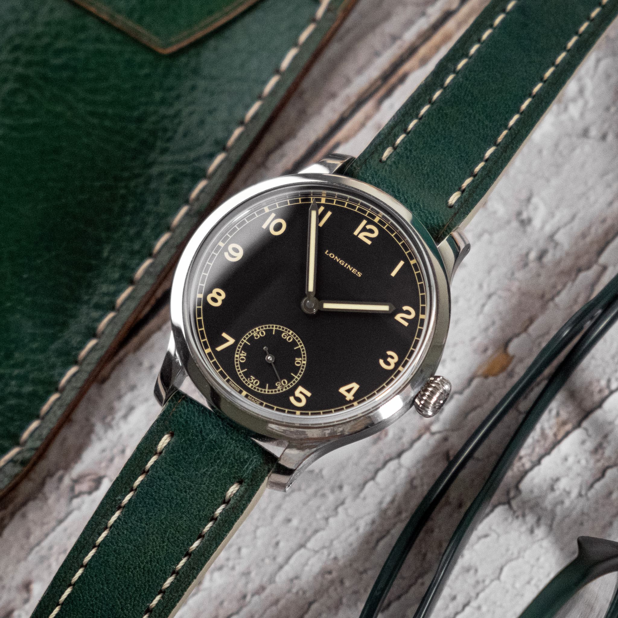 Full-Stitch Pine Green Leather Watch Strap