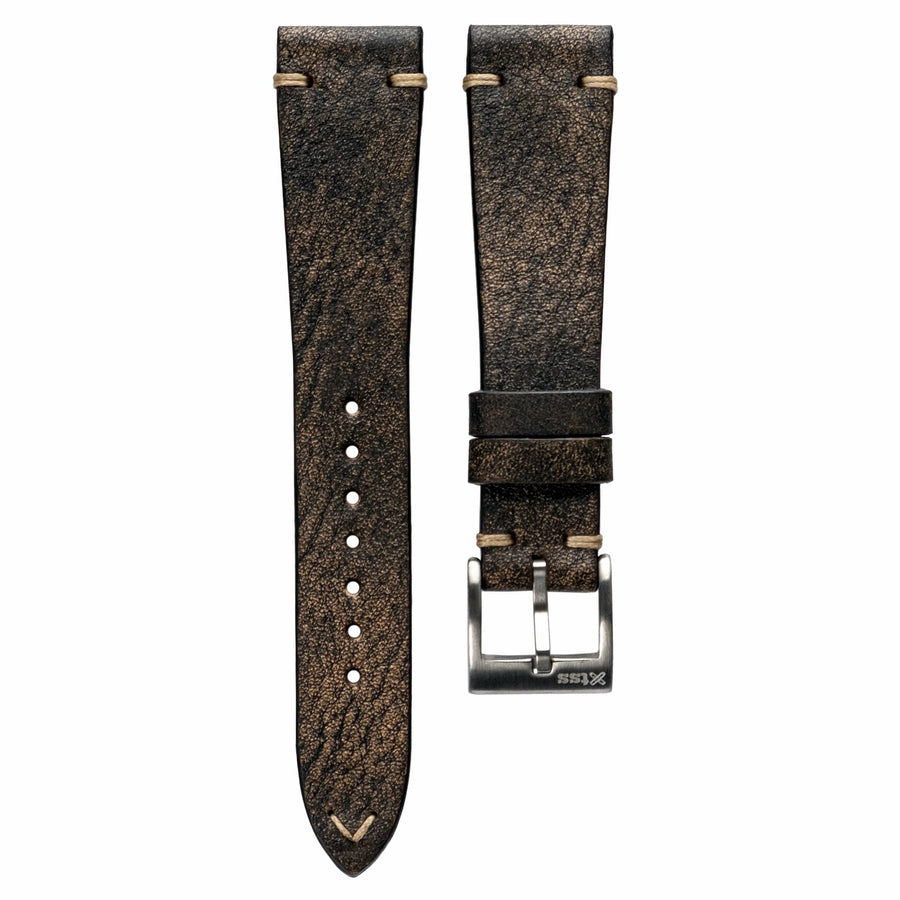 Two-Stitch Rustic Black Leather Watch Strap