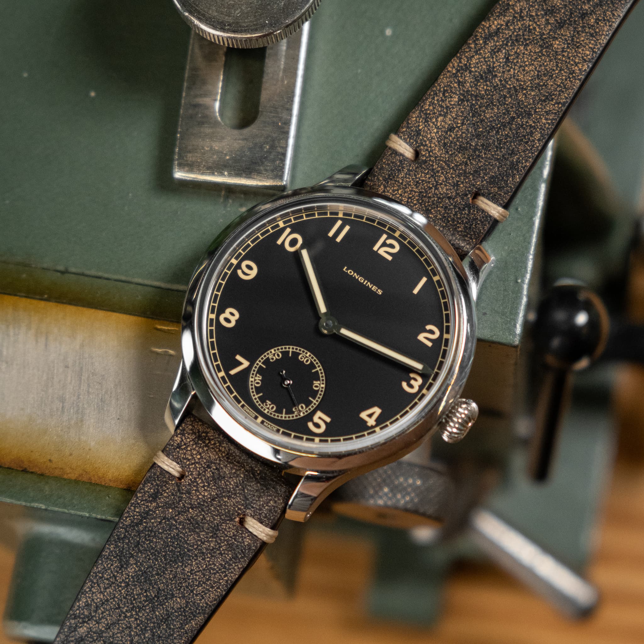Two-Stitch Rustic Black Leather Watch Strap