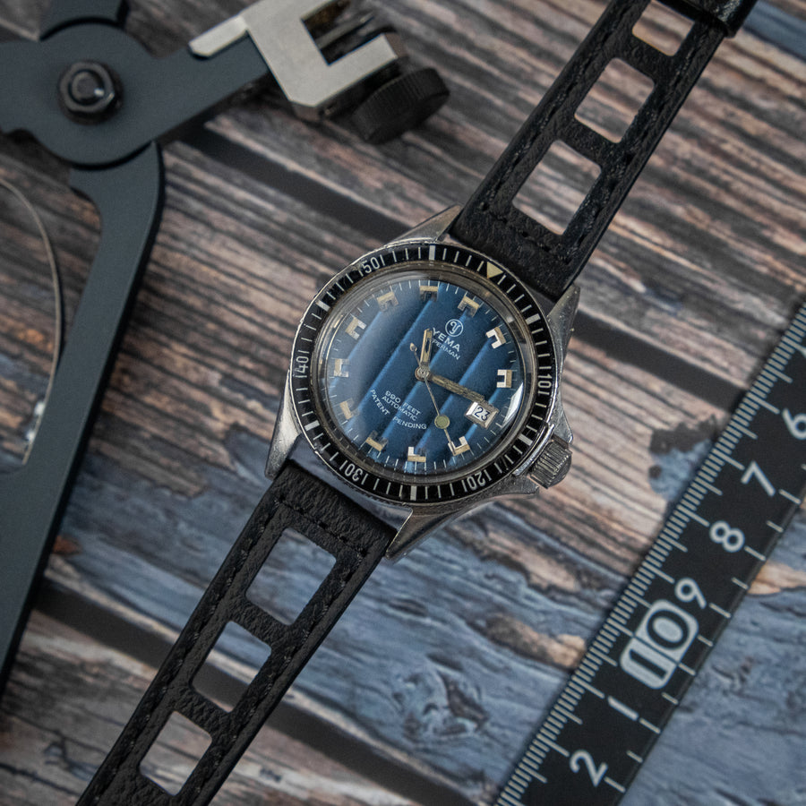 Yema Style Racing Black Leather Watch Strap - Two Stitch Straps