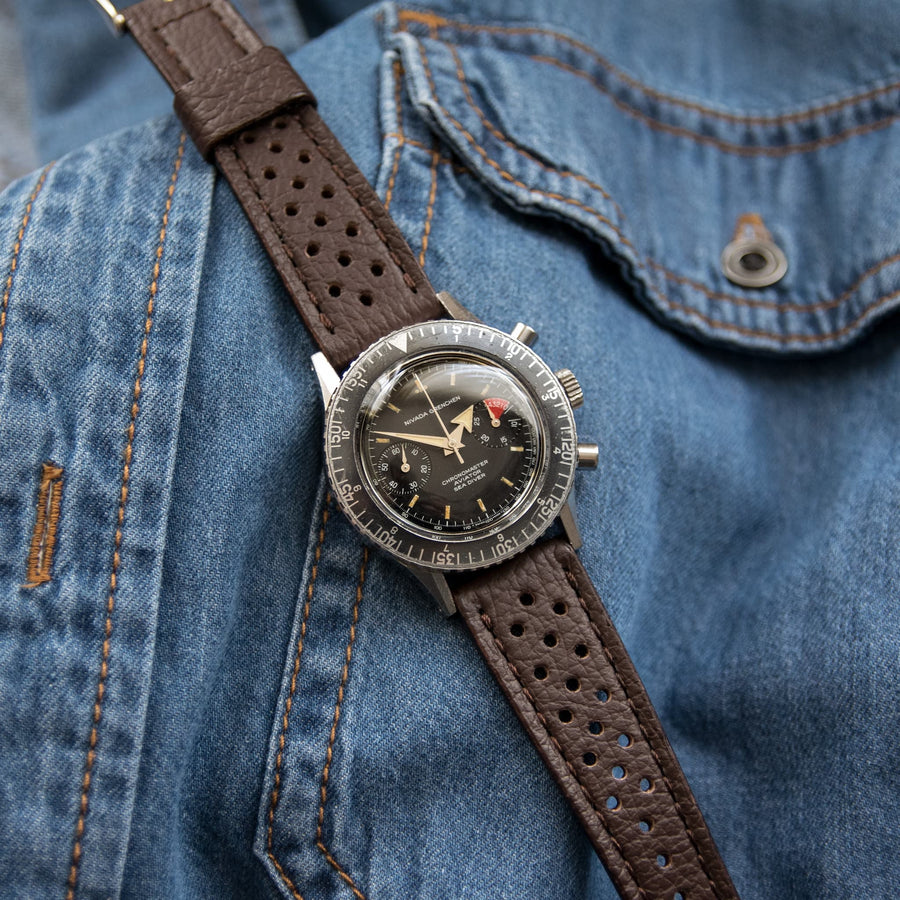 Corfam Style Racing Chocolate Brown Leather Watch Strap - Two Stitch Straps