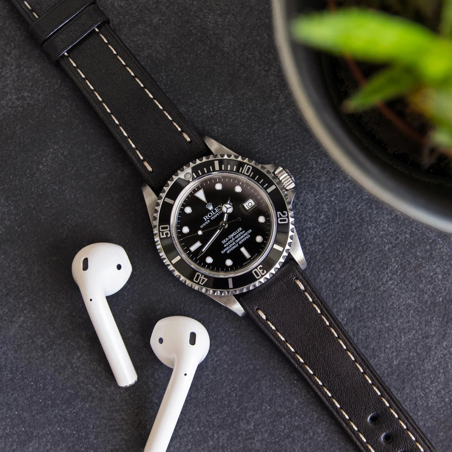 Full-Stitch Black Leather Watch Strap - Two Stitch Straps