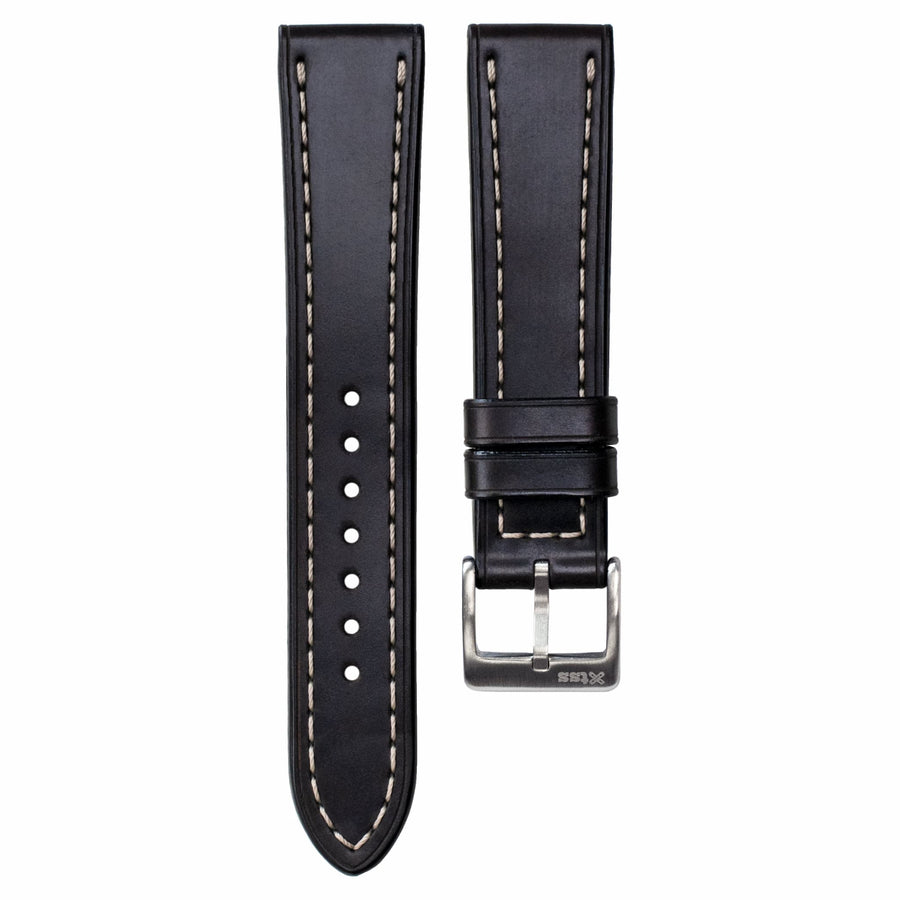 Full-Stitch Black Shell Cordovan Leather Watch Strap - Two Stitch Straps