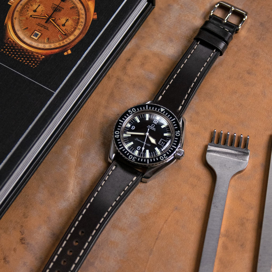 Full-Stitch Black Shell Cordovan Leather Watch Strap