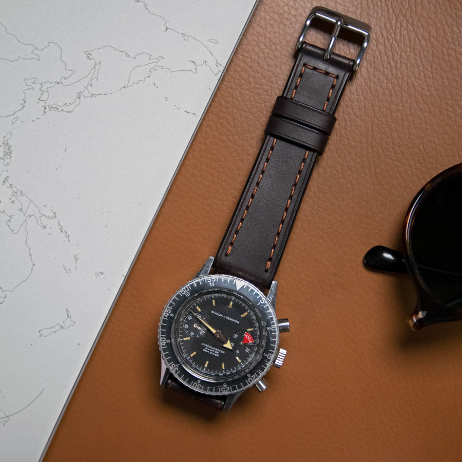 Full-Stitch Dark Brown Shell Cordovan Leather Watch Strap - Two Stitch Straps