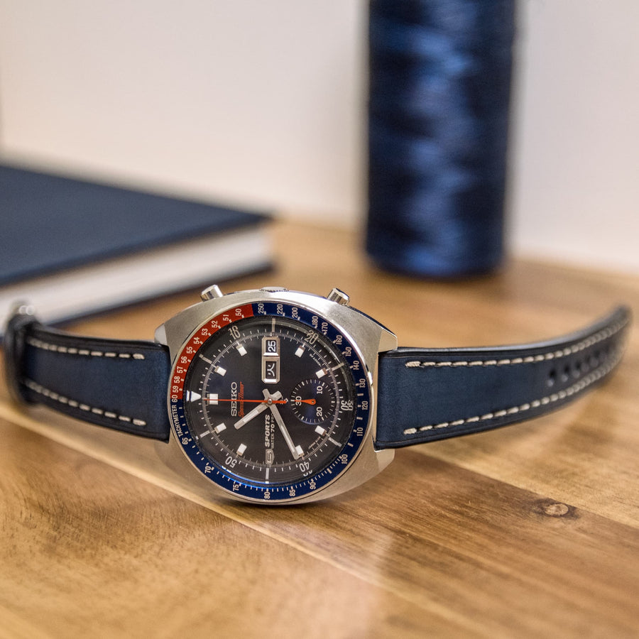 Full-Stitch Denim Blue Leather Watch Strap - Two Stitch Straps