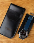 Single Watch Black Leather Pouch - Two Stitch Straps