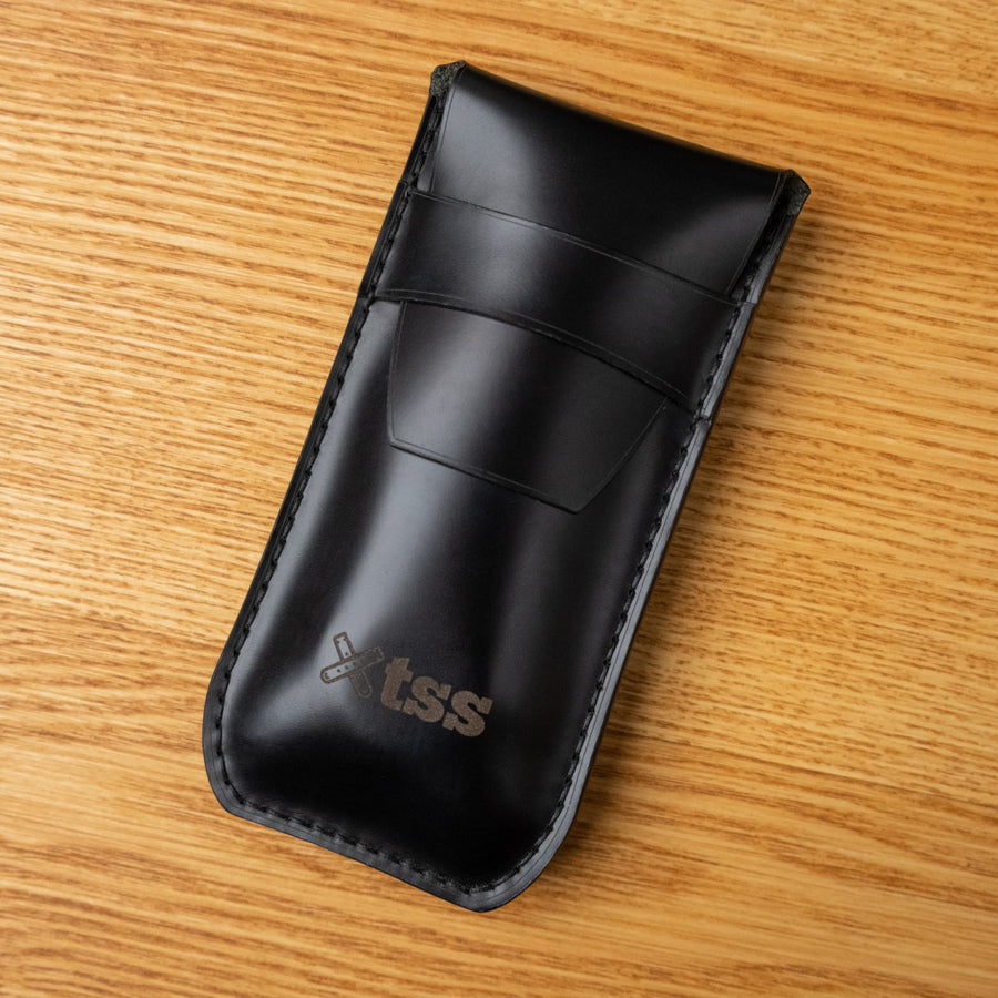 Single Watch Black Leather Pouch - Two Stitch Straps