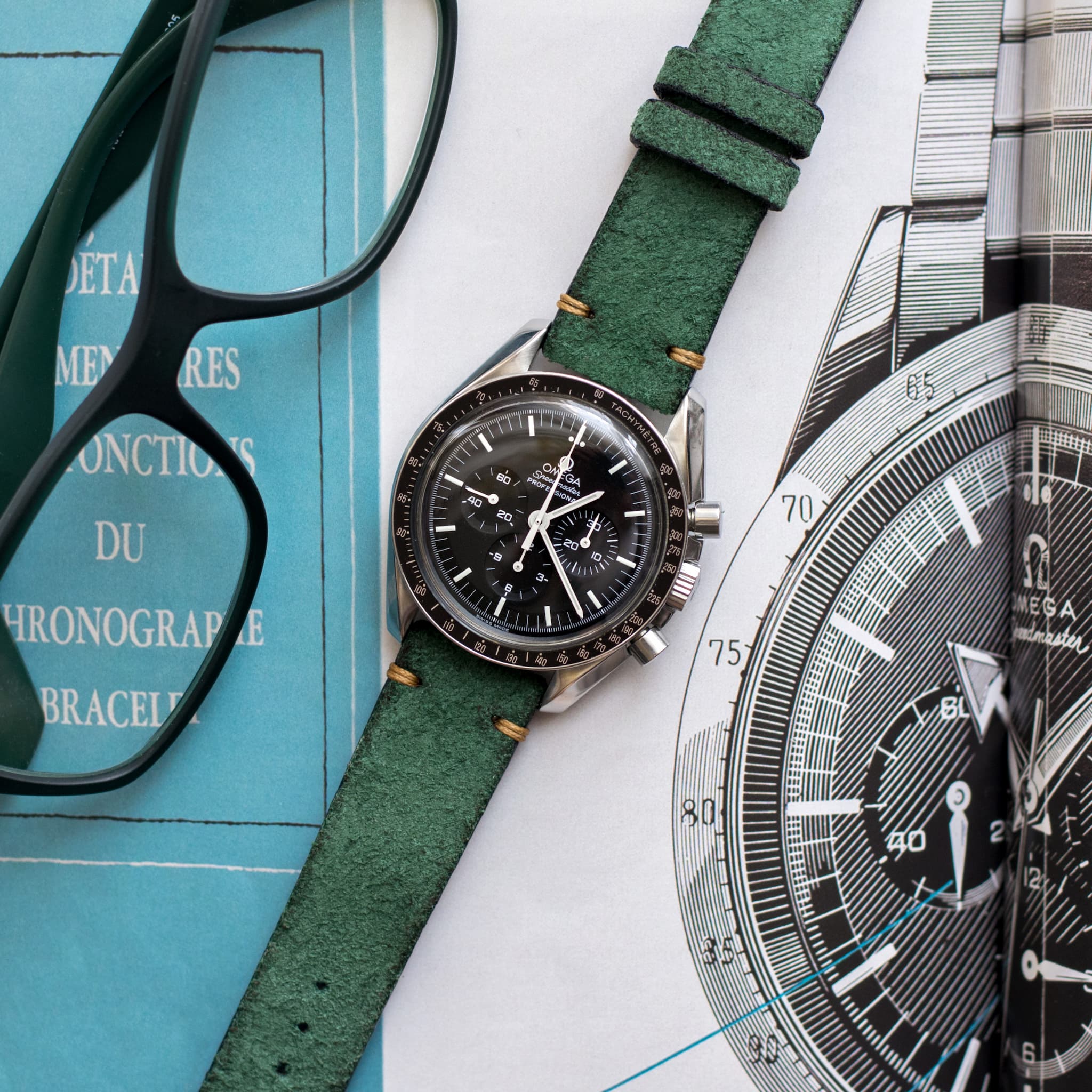 Two-Stitch Green Reversed Leather Watch Strap