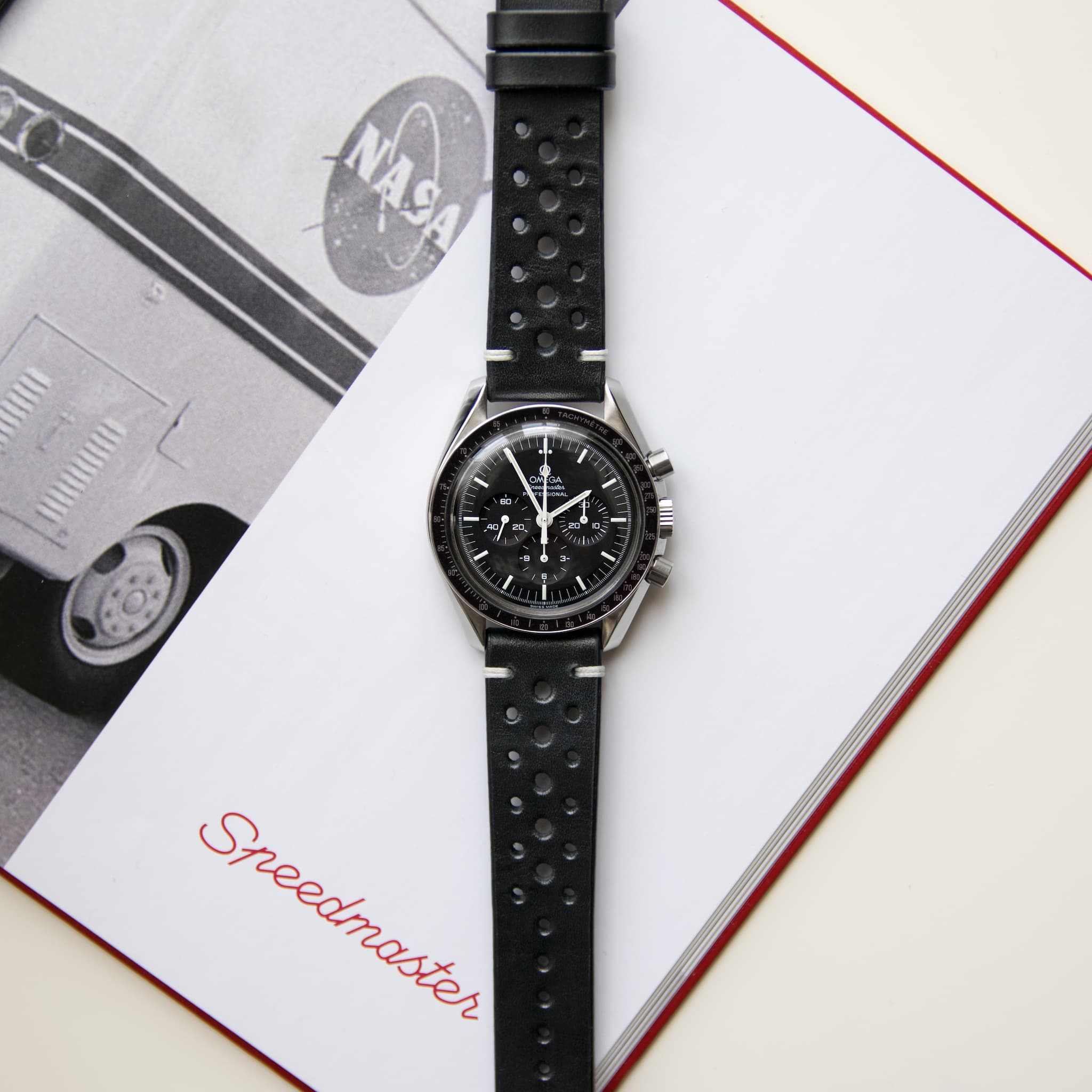 Two-Stitch Racing Black Leather Watch Strap